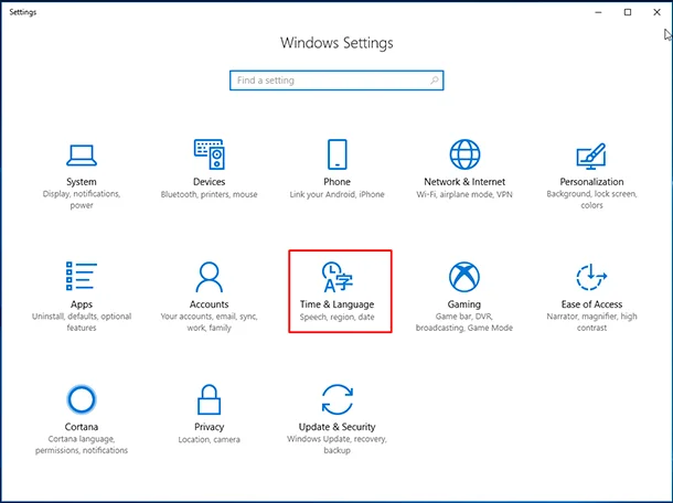 Klicka på Windows + I för att öppna fönstret Inställningar och klicka sedan på Tid och språk