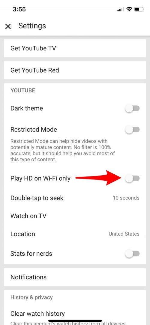 Нажмите Play HD только на Wi-Fi